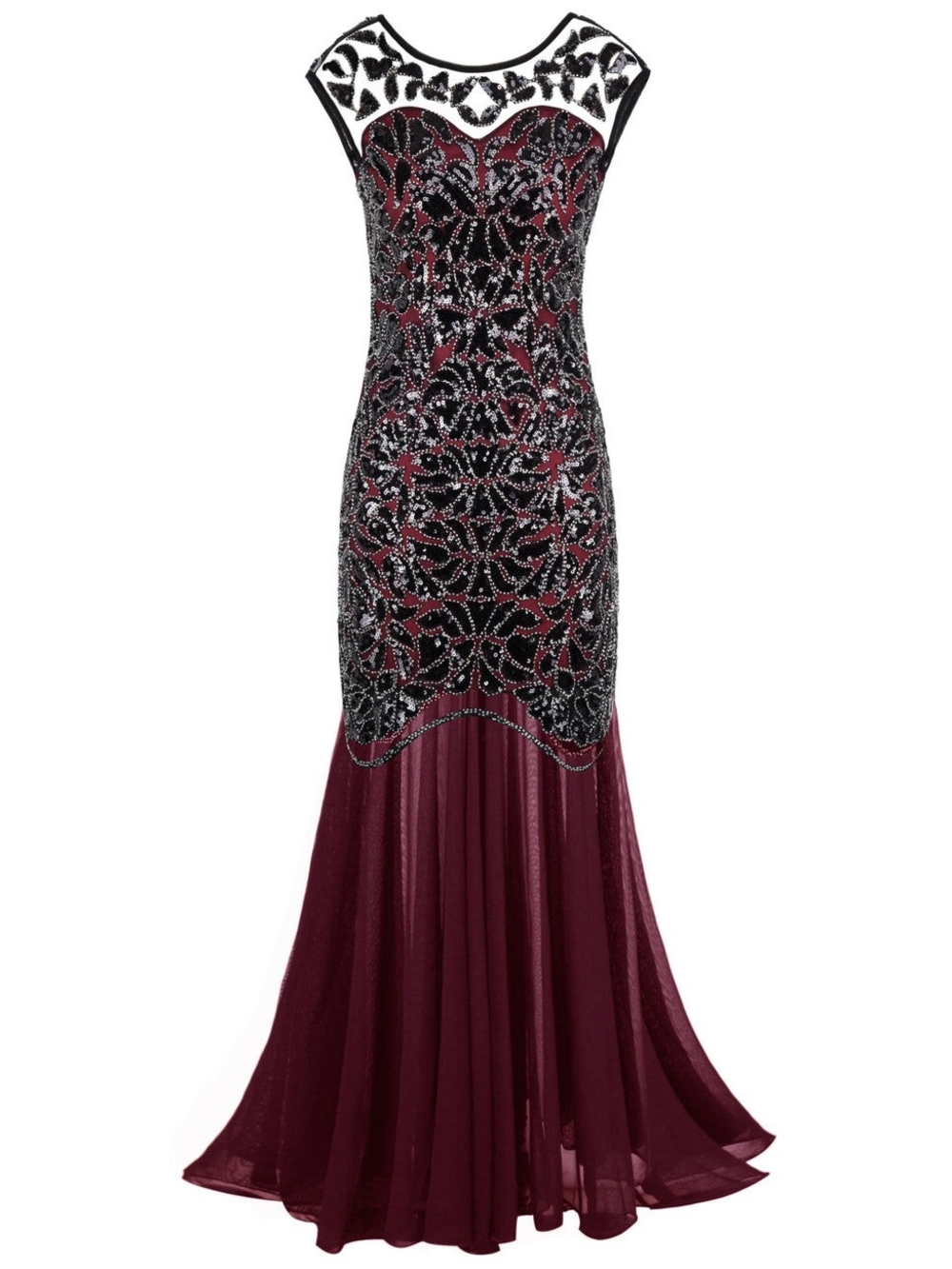 Women's XL Burgundy Black Sequin Beaded Maxi Evening Gown Formal Dress